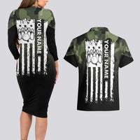 Camouflage Bowling Couples Matching Long Sleeve Bodycon Dress and Hawaiian Shirt with Grunge American Flag and Pin Emblem in Military Green - Wonder Print Shop