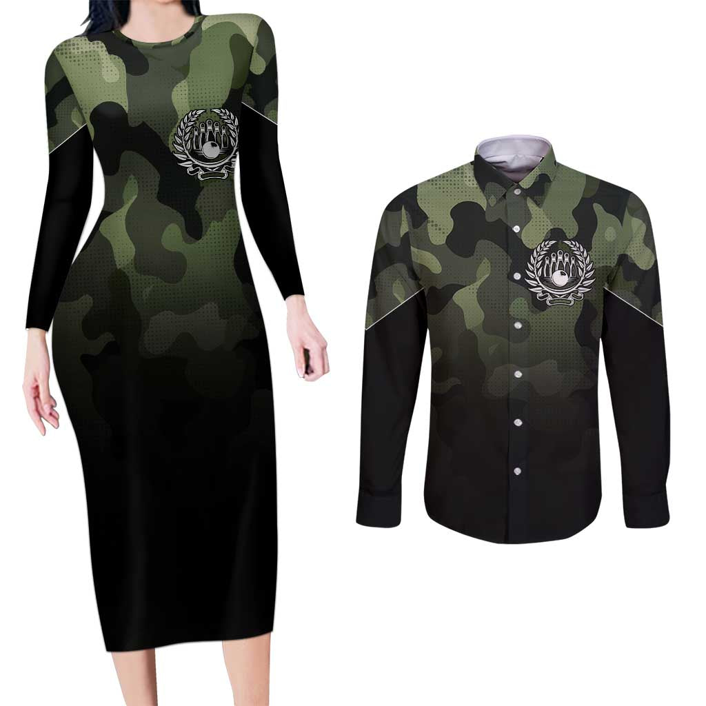 Camouflage Bowling Couples Matching Long Sleeve Bodycon Dress and Long Sleeve Button Shirt with Grunge American Flag and Pin Emblem in Military Green - Wonder Print Shop