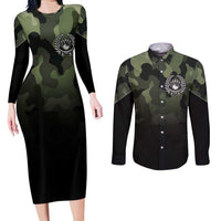 Camouflage Bowling Couples Matching Long Sleeve Bodycon Dress and Long Sleeve Button Shirt with Grunge American Flag and Pin Emblem in Military Green - Wonder Print Shop