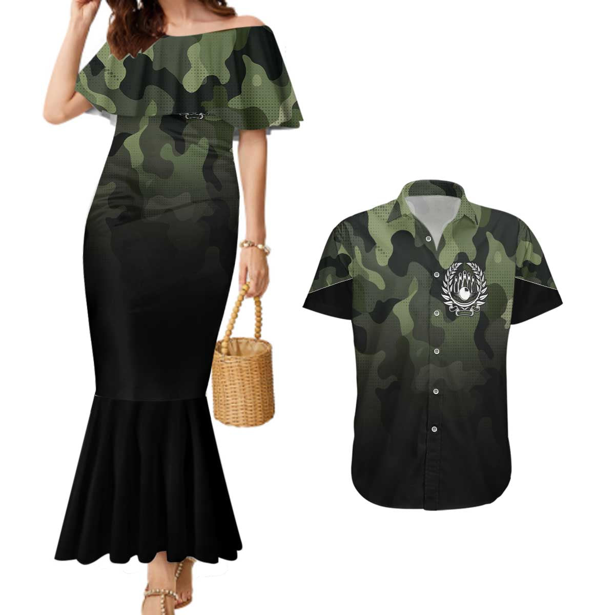 Camouflage Bowling Couples Matching Mermaid Dress and Hawaiian Shirt with Grunge American Flag and Pin Emblem in Military Green - Wonder Print Shop