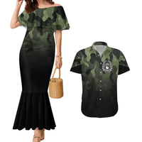 Camouflage Bowling Couples Matching Mermaid Dress and Hawaiian Shirt with Grunge American Flag and Pin Emblem in Military Green - Wonder Print Shop