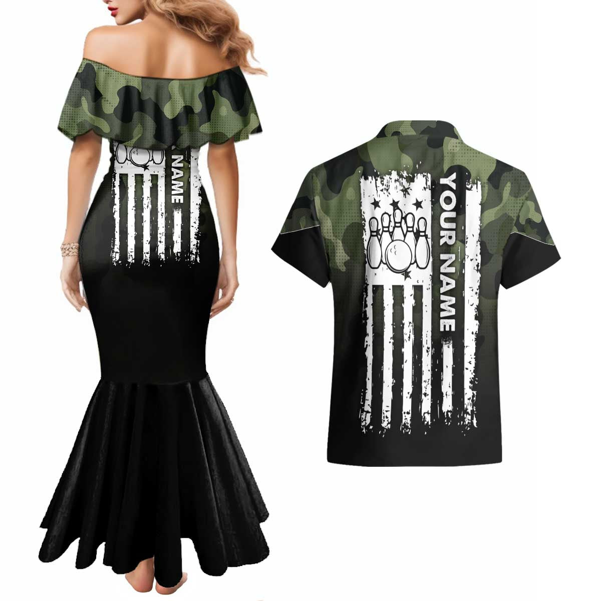Camouflage Bowling Couples Matching Mermaid Dress and Hawaiian Shirt with Grunge American Flag and Pin Emblem in Military Green - Wonder Print Shop