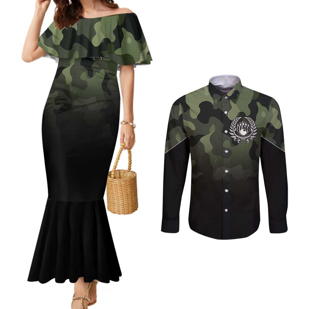 Camouflage Bowling Couples Matching Mermaid Dress and Long Sleeve Button Shirt with Grunge American Flag and Pin Emblem in Military Green - Wonder Print Shop