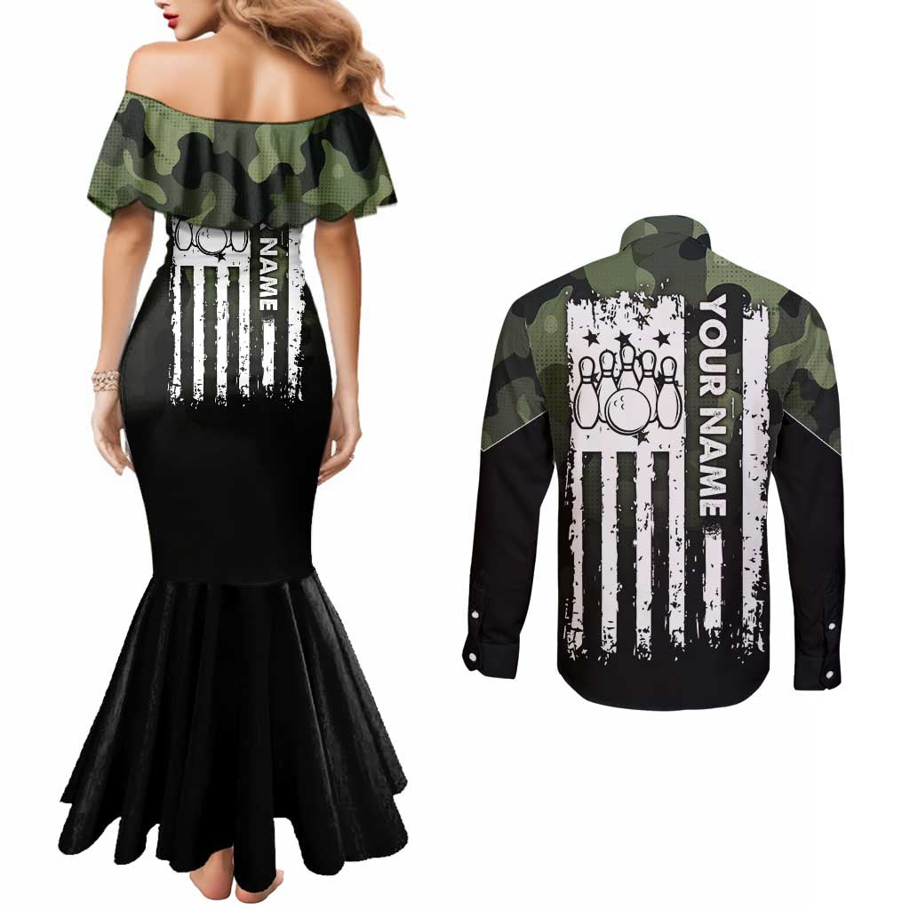 Camouflage Bowling Couples Matching Mermaid Dress and Long Sleeve Button Shirt with Grunge American Flag and Pin Emblem in Military Green - Wonder Print Shop