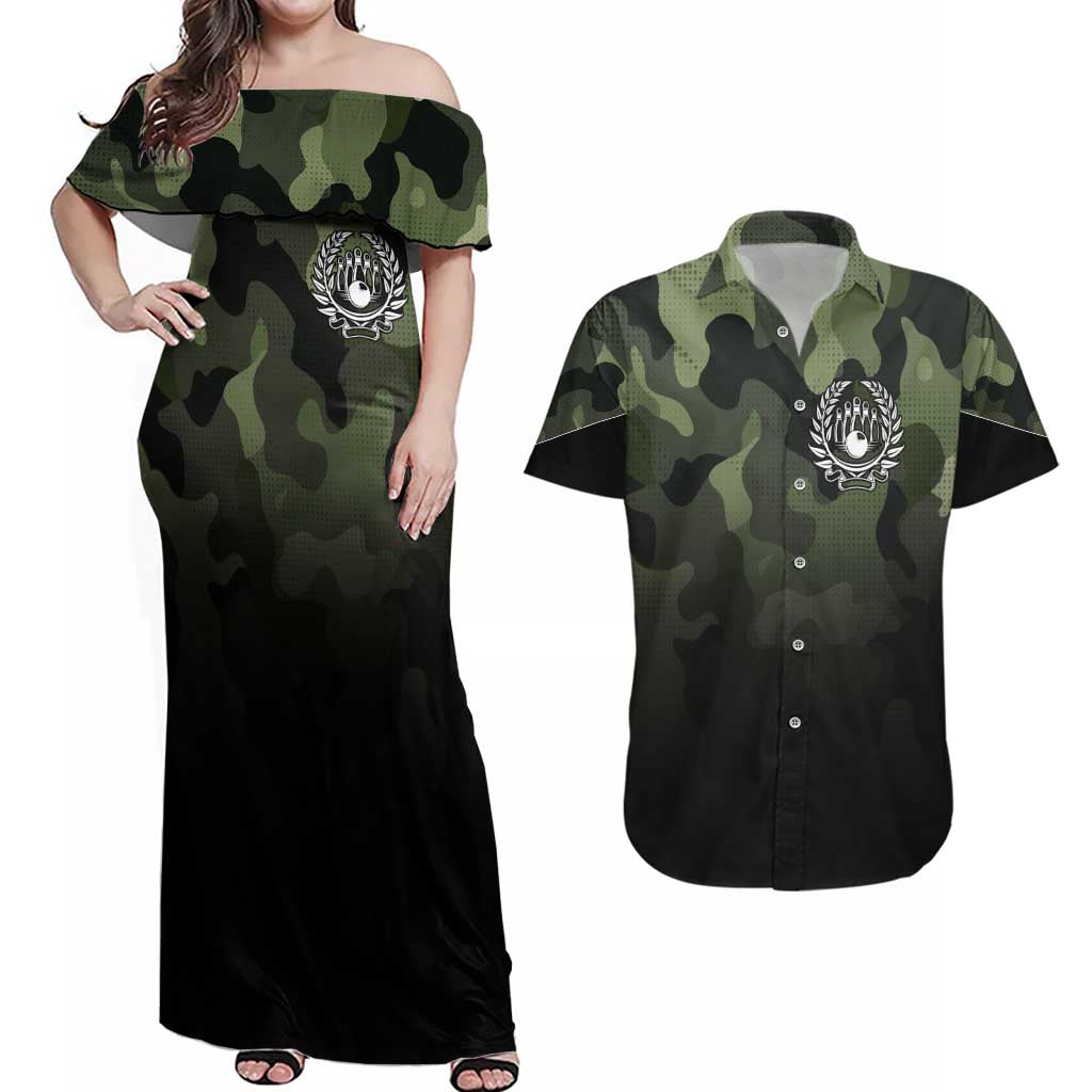 Camouflage Bowling Couples Matching Off Shoulder Maxi Dress and Hawaiian Shirt with Grunge American Flag and Pin Emblem in Military Green - Wonder Print Shop