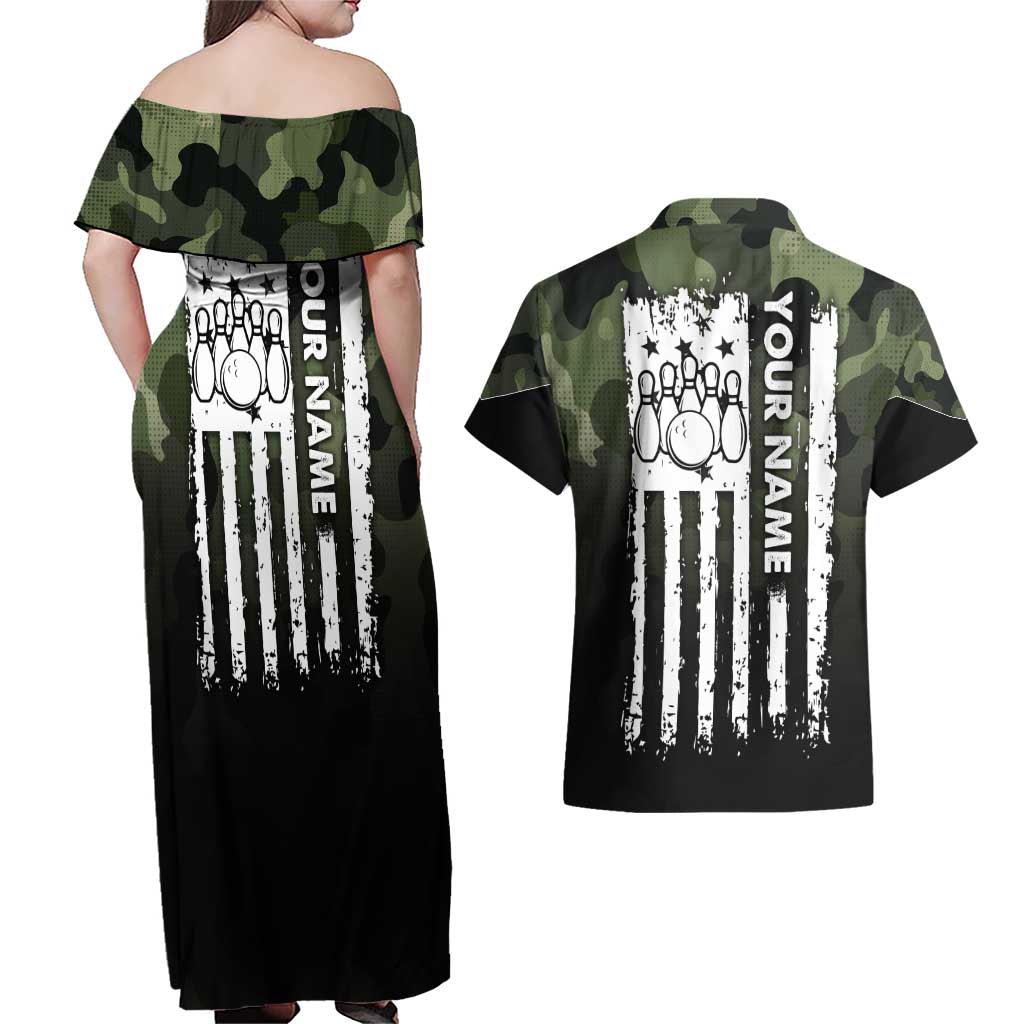 Camouflage Bowling Couples Matching Off Shoulder Maxi Dress and Hawaiian Shirt with Grunge American Flag and Pin Emblem in Military Green - Wonder Print Shop
