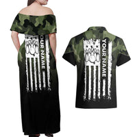 Camouflage Bowling Couples Matching Off Shoulder Maxi Dress and Hawaiian Shirt with Grunge American Flag and Pin Emblem in Military Green - Wonder Print Shop