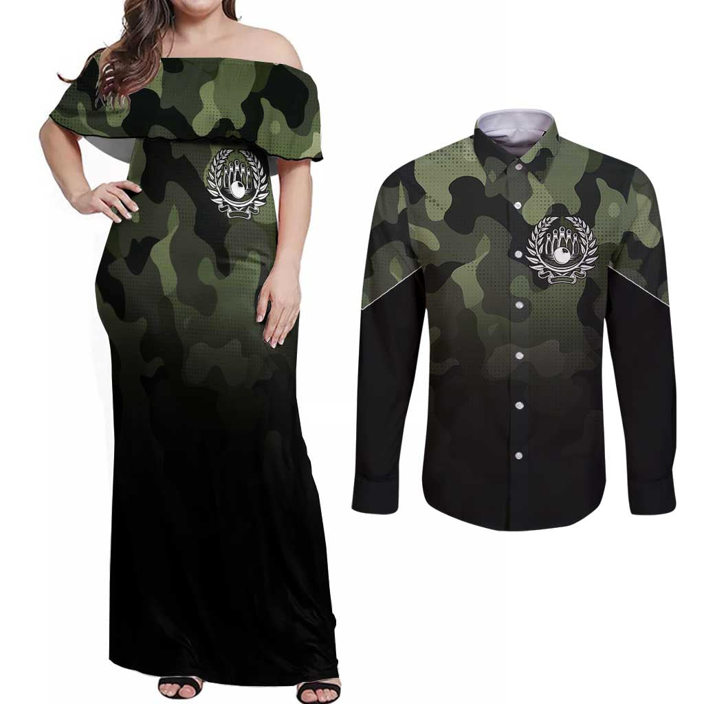 Camouflage Bowling Couples Matching Off Shoulder Maxi Dress and Long Sleeve Button Shirt with Grunge American Flag and Pin Emblem in Military Green - Wonder Print Shop