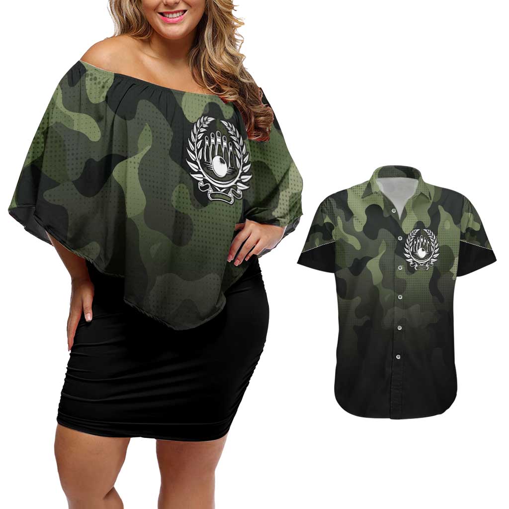 Camouflage Bowling Couples Matching Off Shoulder Short Dress and Hawaiian Shirt with Grunge American Flag and Pin Emblem in Military Green - Wonder Print Shop