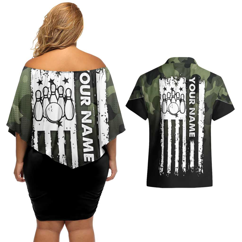 Camouflage Bowling Couples Matching Off Shoulder Short Dress and Hawaiian Shirt with Grunge American Flag and Pin Emblem in Military Green - Wonder Print Shop