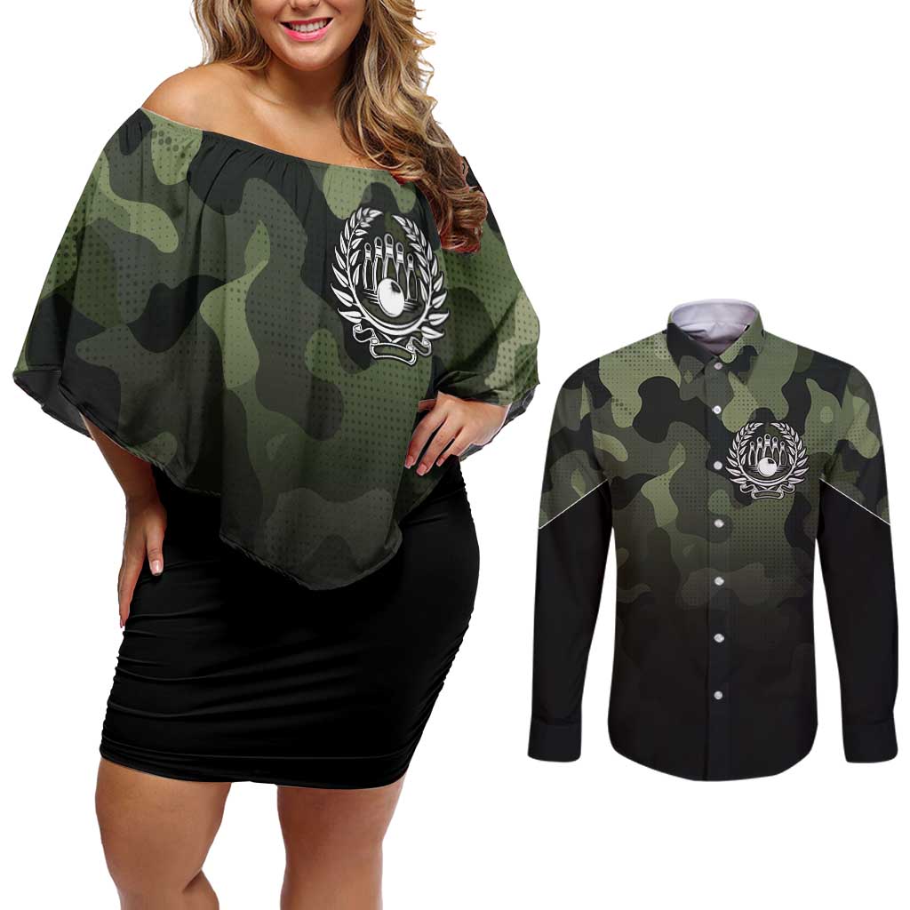 Camouflage Bowling Couples Matching Off Shoulder Short Dress and Long Sleeve Button Shirt with Grunge American Flag and Pin Emblem in Military Green - Wonder Print Shop
