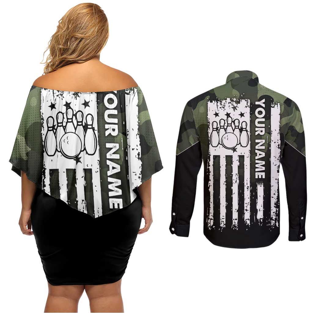 Camouflage Bowling Couples Matching Off Shoulder Short Dress and Long Sleeve Button Shirt with Grunge American Flag and Pin Emblem in Military Green - Wonder Print Shop