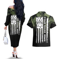 Camouflage Bowling Couples Matching Off The Shoulder Long Sleeve Dress and Hawaiian Shirt with Grunge American Flag and Pin Emblem in Military Green - Wonder Print Shop