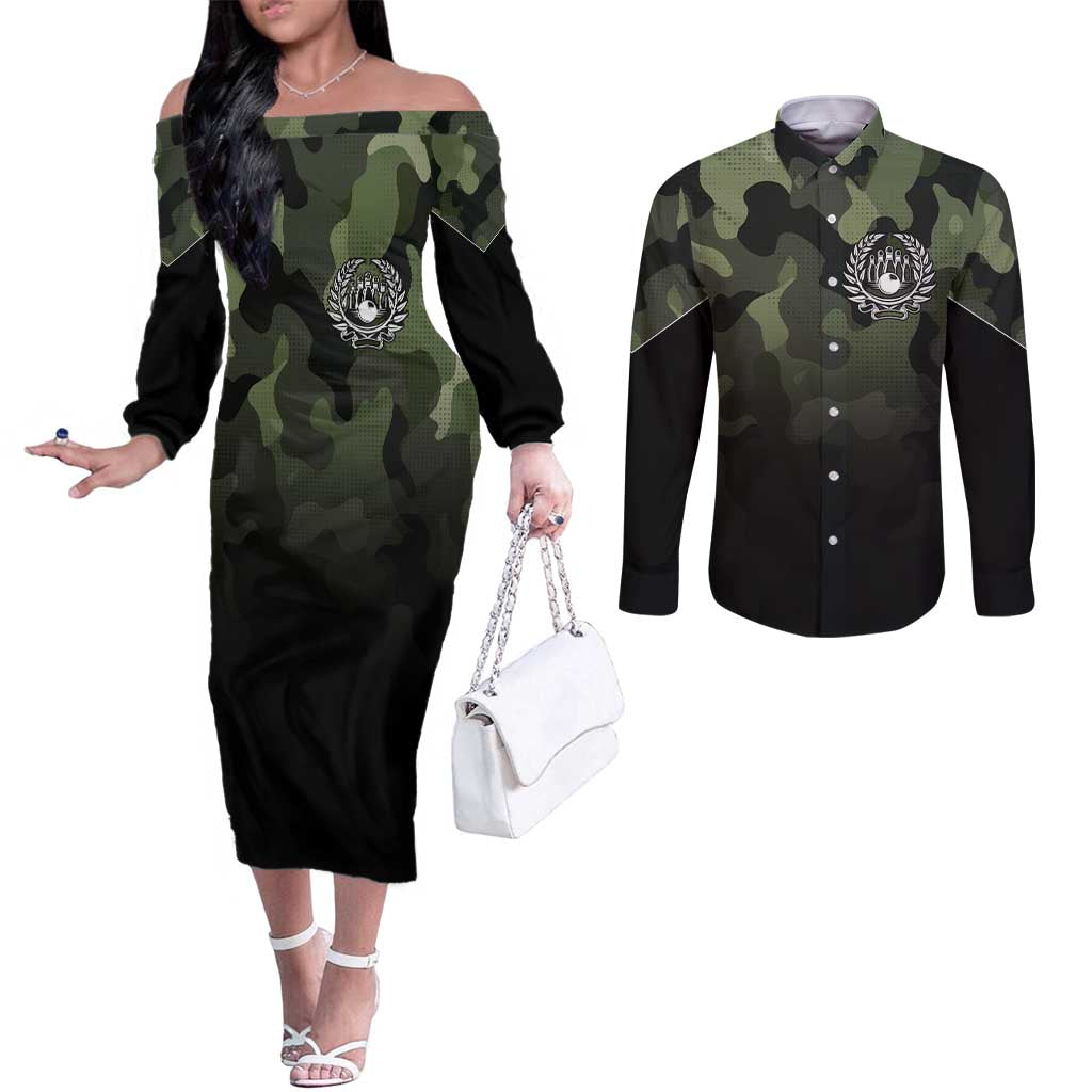 Camouflage Bowling Couples Matching Off The Shoulder Long Sleeve Dress and Long Sleeve Button Shirt with Grunge American Flag and Pin Emblem in Military Green - Wonder Print Shop