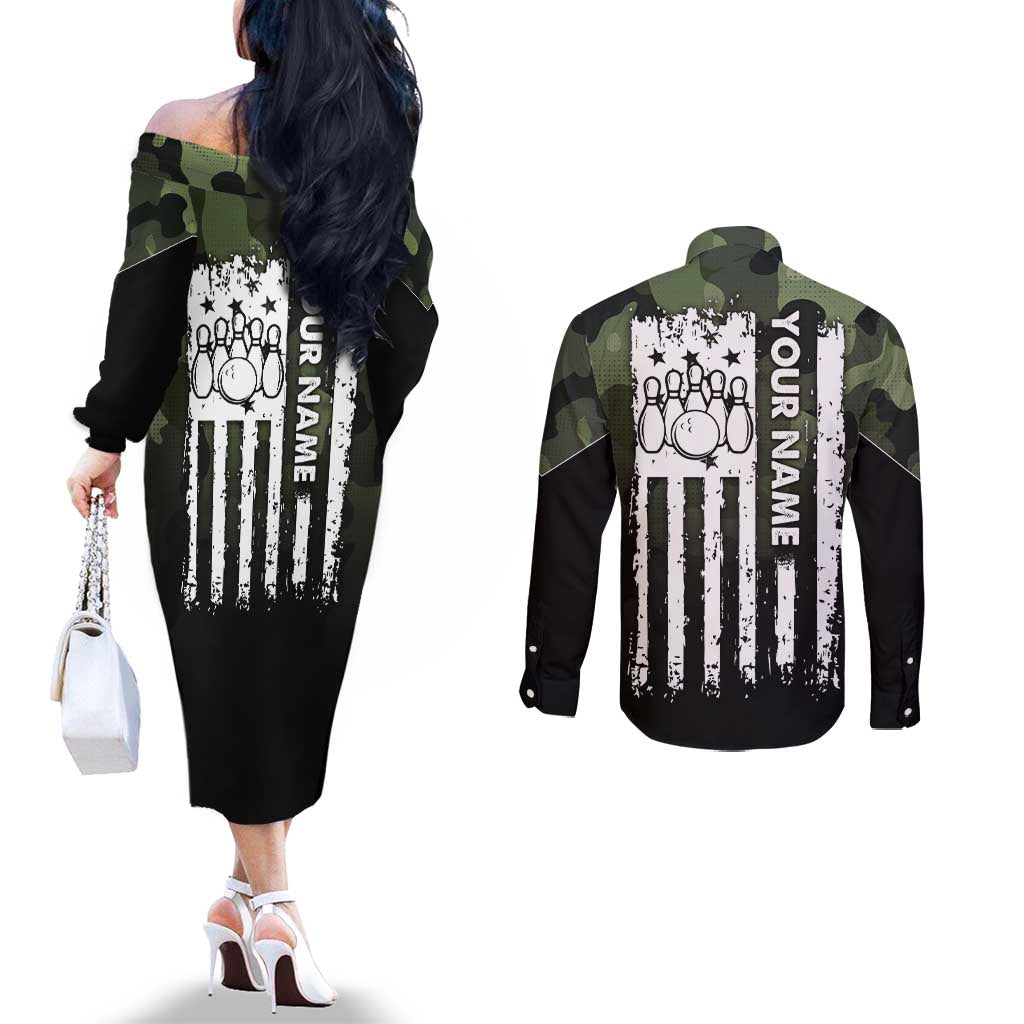 Camouflage Bowling Couples Matching Off The Shoulder Long Sleeve Dress and Long Sleeve Button Shirt with Grunge American Flag and Pin Emblem in Military Green - Wonder Print Shop