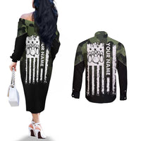Camouflage Bowling Couples Matching Off The Shoulder Long Sleeve Dress and Long Sleeve Button Shirt with Grunge American Flag and Pin Emblem in Military Green - Wonder Print Shop