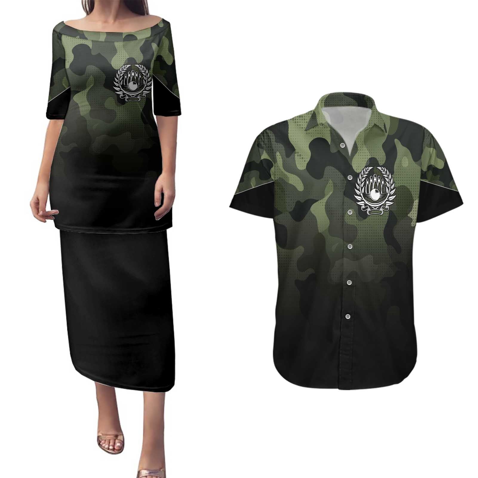 Camouflage Bowling Couples Matching Puletasi and Hawaiian Shirt with Grunge American Flag and Pin Emblem in Military Green - Wonder Print Shop