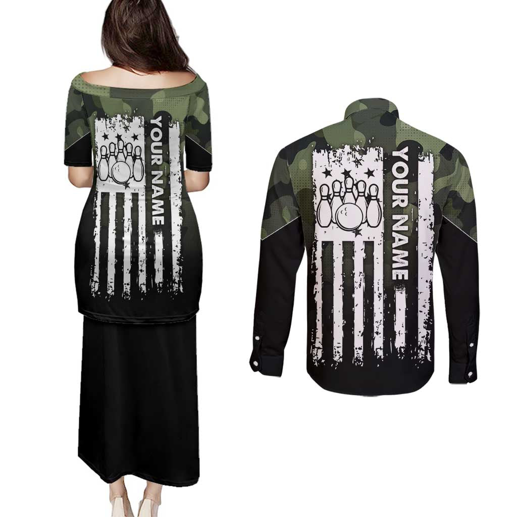 Camouflage Bowling Couples Matching Puletasi and Long Sleeve Button Shirt with Grunge American Flag and Pin Emblem in Military Green - Wonder Print Shop