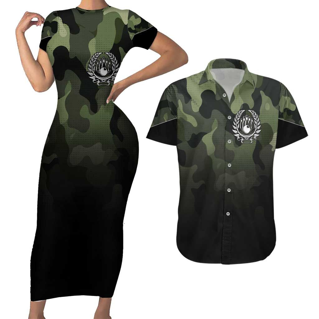 Camouflage Bowling Couples Matching Short Sleeve Bodycon Dress and Hawaiian Shirt with Grunge American Flag and Pin Emblem in Military Green - Wonder Print Shop