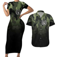 Camouflage Bowling Couples Matching Short Sleeve Bodycon Dress and Hawaiian Shirt with Grunge American Flag and Pin Emblem in Military Green - Wonder Print Shop