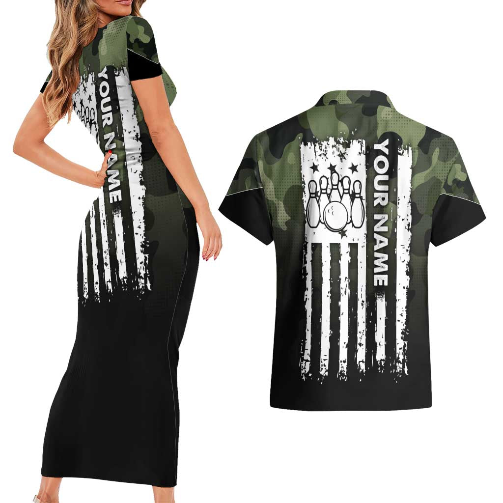 Camouflage Bowling Couples Matching Short Sleeve Bodycon Dress and Hawaiian Shirt with Grunge American Flag and Pin Emblem in Military Green - Wonder Print Shop