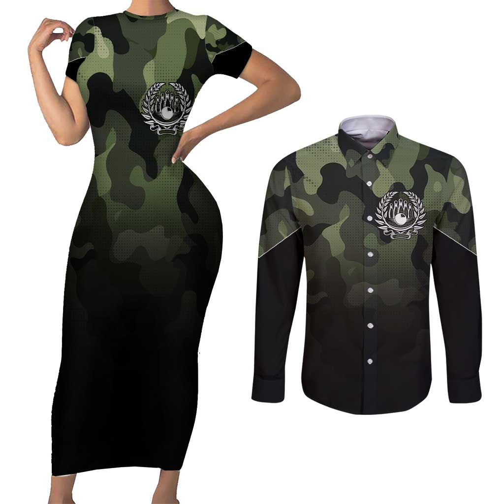 Camouflage Bowling Couples Matching Short Sleeve Bodycon Dress and Long Sleeve Button Shirt with Grunge American Flag and Pin Emblem in Military Green - Wonder Print Shop