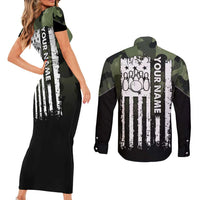 Camouflage Bowling Couples Matching Short Sleeve Bodycon Dress and Long Sleeve Button Shirt with Grunge American Flag and Pin Emblem in Military Green - Wonder Print Shop