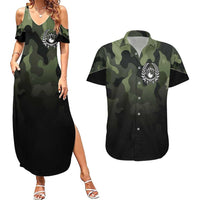 Camouflage Bowling Couples Matching Summer Maxi Dress and Hawaiian Shirt with Grunge American Flag and Pin Emblem in Military Green - Wonder Print Shop