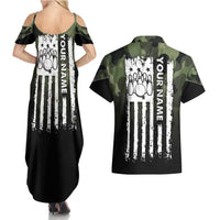 Camouflage Bowling Couples Matching Summer Maxi Dress and Hawaiian Shirt with Grunge American Flag and Pin Emblem in Military Green - Wonder Print Shop