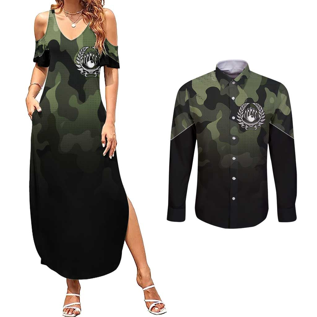 Camouflage Bowling Couples Matching Summer Maxi Dress and Long Sleeve Button Shirt with Grunge American Flag and Pin Emblem in Military Green - Wonder Print Shop