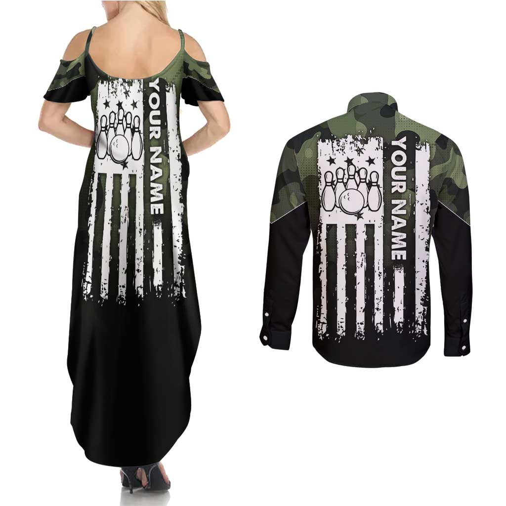 Camouflage Bowling Couples Matching Summer Maxi Dress and Long Sleeve Button Shirt with Grunge American Flag and Pin Emblem in Military Green - Wonder Print Shop