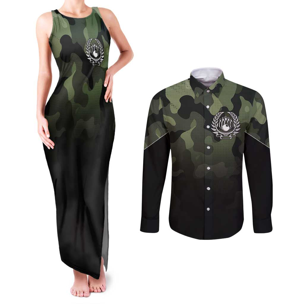 Camouflage Bowling Couples Matching Tank Maxi Dress and Long Sleeve Button Shirt with Grunge American Flag and Pin Emblem in Military Green - Wonder Print Shop
