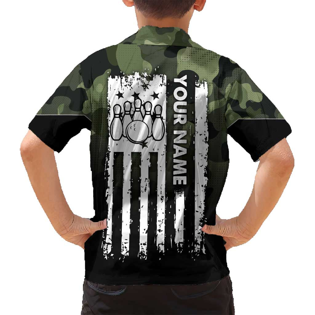 Camouflage Bowling Family Matching Long Sleeve Bodycon Dress and Hawaiian Shirt with Grunge American Flag and Pin Emblem in Military Green - Wonder Print Shop
