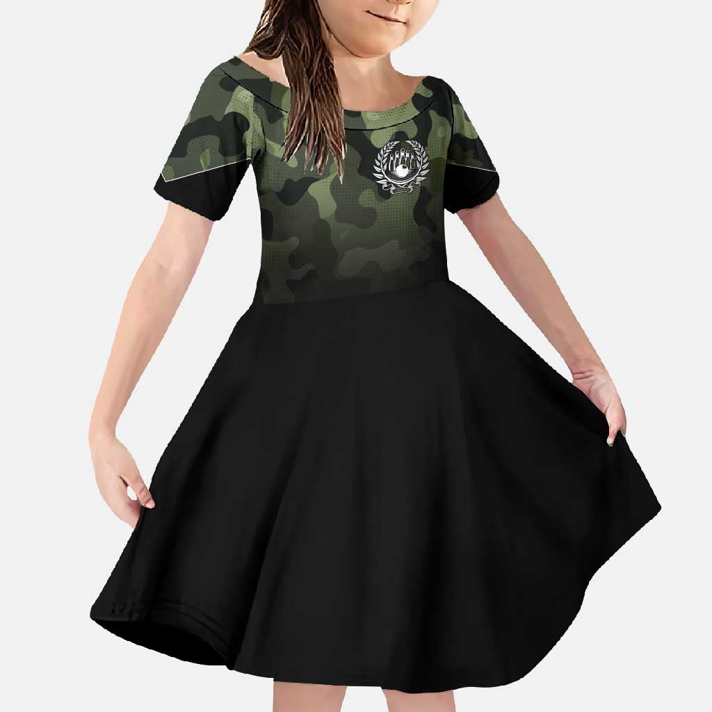 Camouflage Bowling Family Matching Long Sleeve Bodycon Dress and Hawaiian Shirt with Grunge American Flag and Pin Emblem in Military Green - Wonder Print Shop