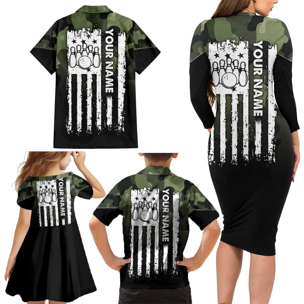 Camouflage Bowling Family Matching Long Sleeve Bodycon Dress and Hawaiian Shirt with Grunge American Flag and Pin Emblem in Military Green - Wonder Print Shop