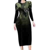 Camouflage Bowling Family Matching Long Sleeve Bodycon Dress and Hawaiian Shirt with Grunge American Flag and Pin Emblem in Military Green - Wonder Print Shop