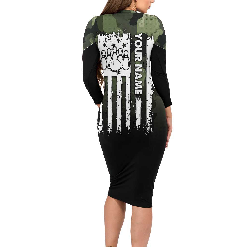 Camouflage Bowling Family Matching Long Sleeve Bodycon Dress and Hawaiian Shirt with Grunge American Flag and Pin Emblem in Military Green - Wonder Print Shop