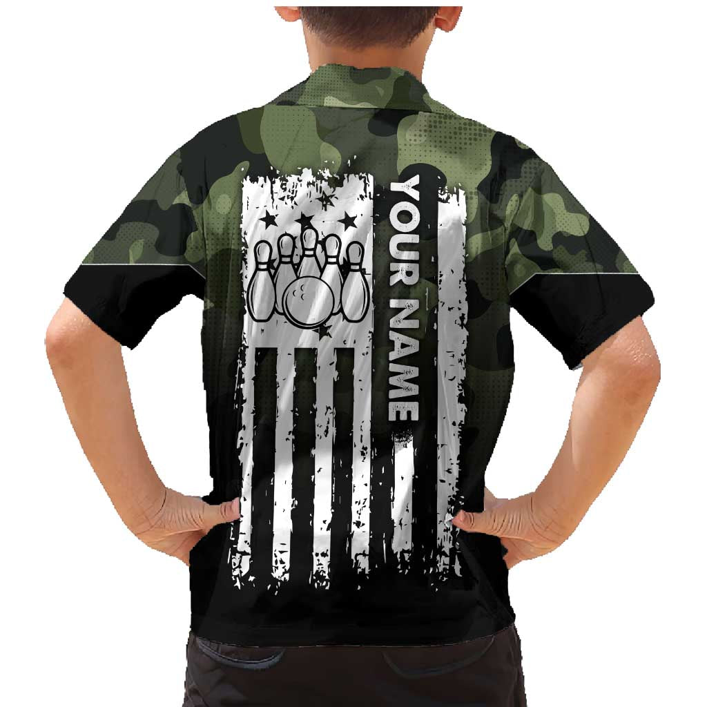 Camouflage Bowling Family Matching Mermaid Dress and Hawaiian Shirt with Grunge American Flag and Pin Emblem in Military Green - Wonder Print Shop