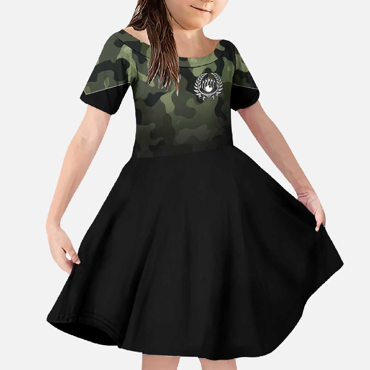 Camouflage Bowling Family Matching Off The Shoulder Long Sleeve Dress and Hawaiian Shirt with Grunge American Flag and Pin Emblem in Military Green - Wonder Print Shop