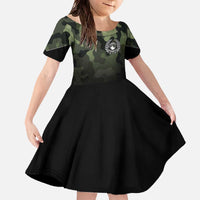 Camouflage Bowling Family Matching Off The Shoulder Long Sleeve Dress and Hawaiian Shirt with Grunge American Flag and Pin Emblem in Military Green - Wonder Print Shop