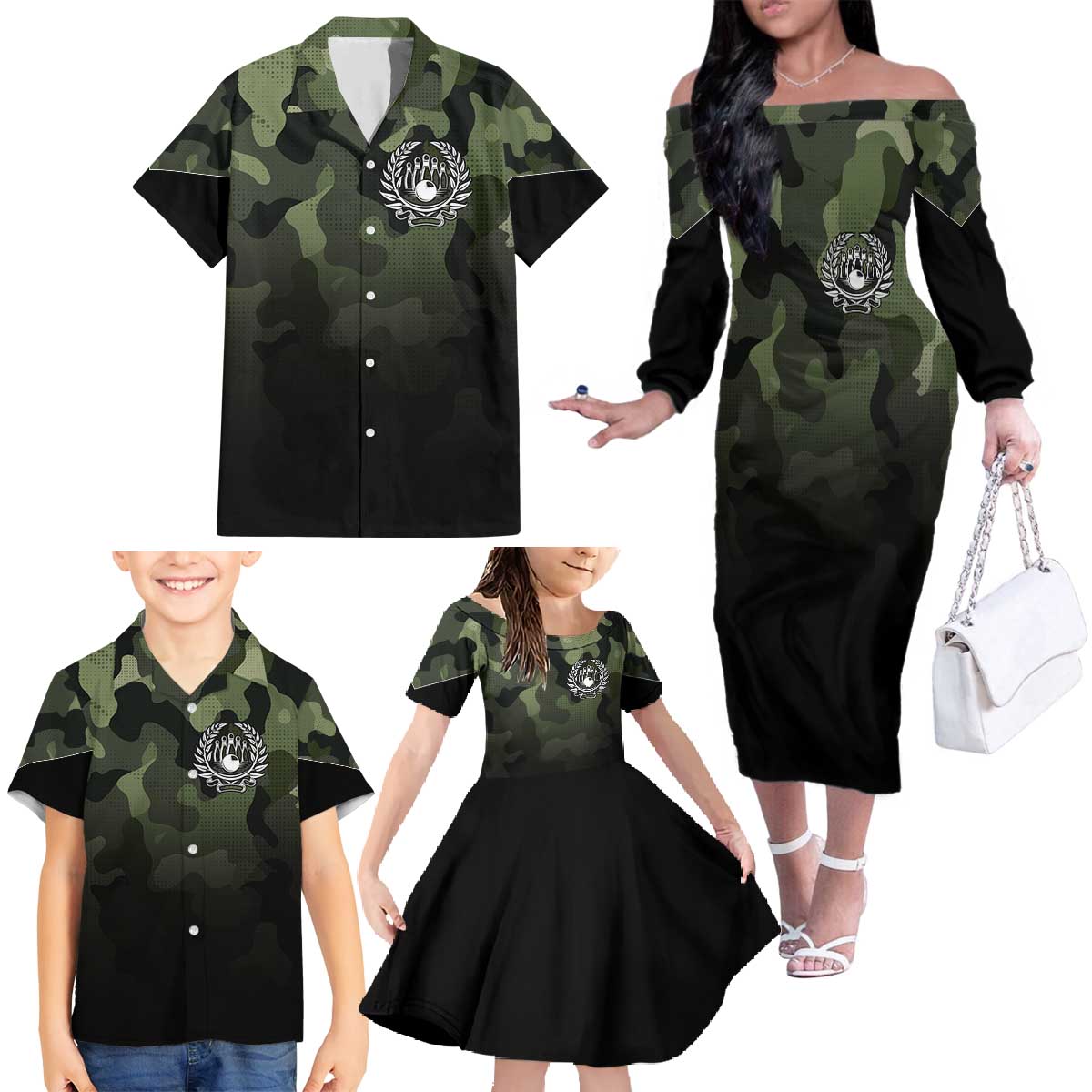 Camouflage Bowling Family Matching Off The Shoulder Long Sleeve Dress and Hawaiian Shirt with Grunge American Flag and Pin Emblem in Military Green - Wonder Print Shop