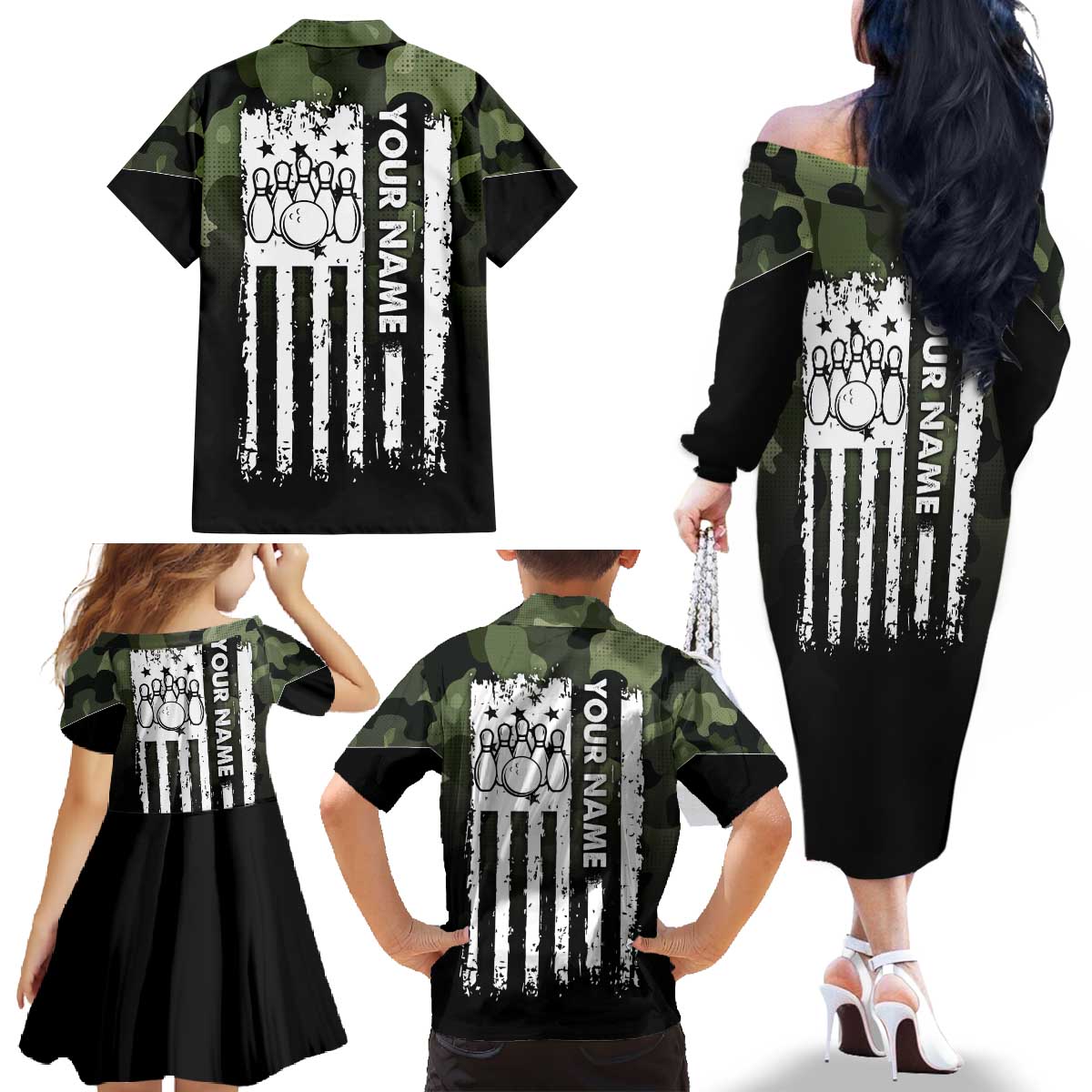 Camouflage Bowling Family Matching Off The Shoulder Long Sleeve Dress and Hawaiian Shirt with Grunge American Flag and Pin Emblem in Military Green - Wonder Print Shop