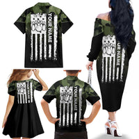 Camouflage Bowling Family Matching Off The Shoulder Long Sleeve Dress and Hawaiian Shirt with Grunge American Flag and Pin Emblem in Military Green - Wonder Print Shop