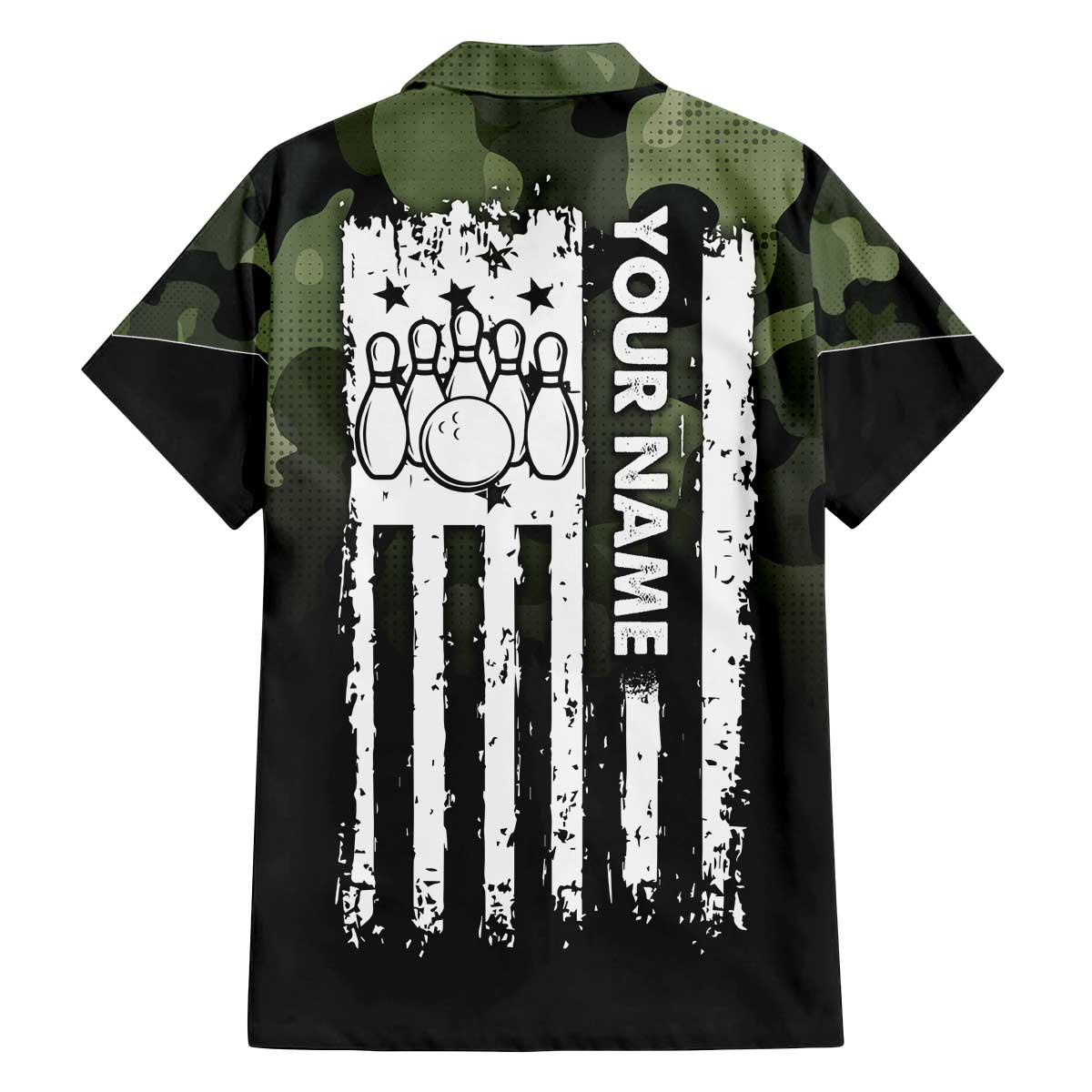 Camouflage Bowling Family Matching Off The Shoulder Long Sleeve Dress and Hawaiian Shirt with Grunge American Flag and Pin Emblem in Military Green - Wonder Print Shop