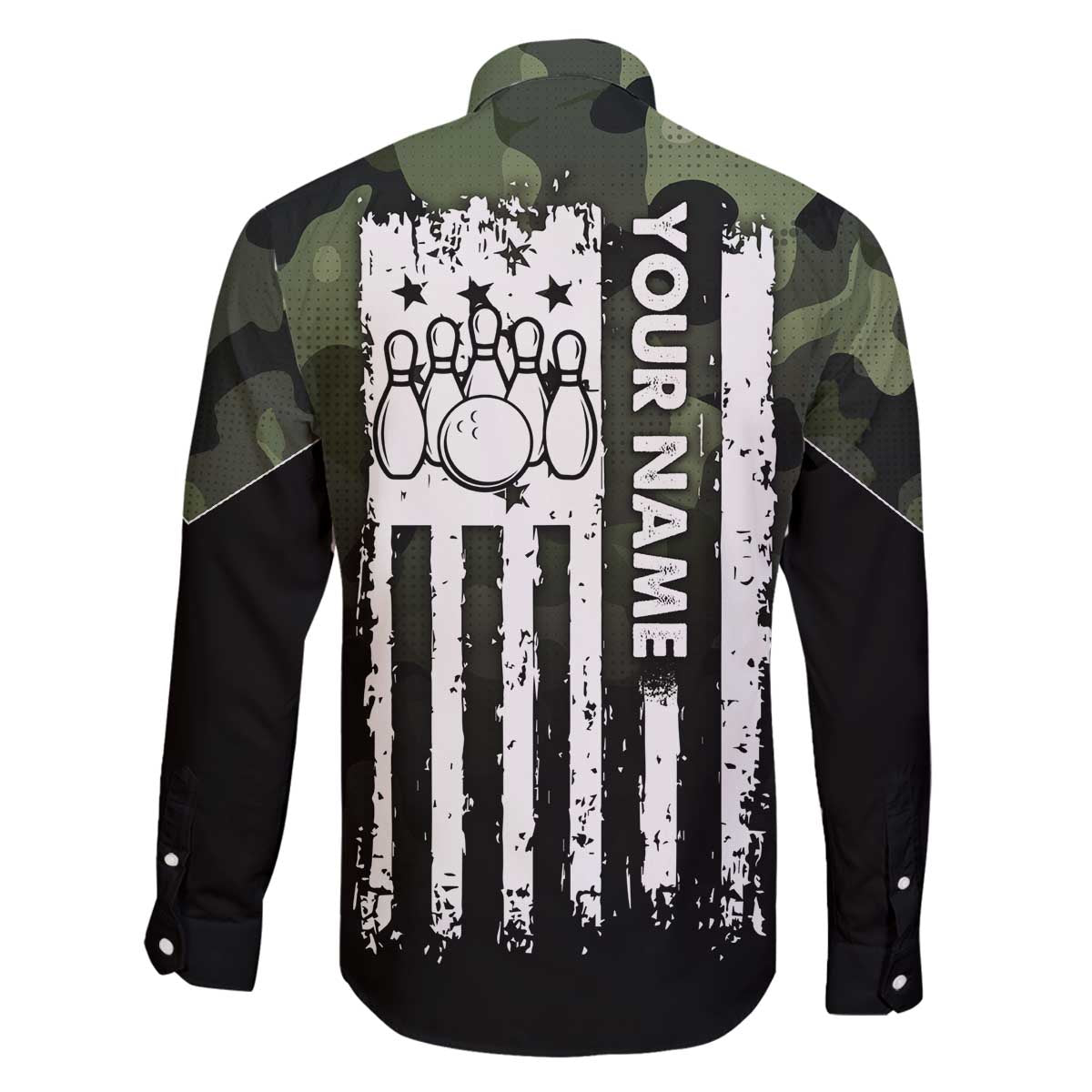 Camouflage Bowling Family Matching Off The Shoulder Long Sleeve Dress and Hawaiian Shirt with Grunge American Flag and Pin Emblem in Military Green - Wonder Print Shop