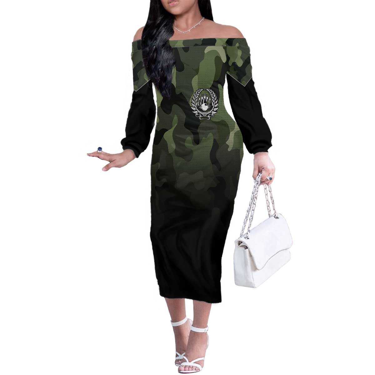 Camouflage Bowling Family Matching Off The Shoulder Long Sleeve Dress and Hawaiian Shirt with Grunge American Flag and Pin Emblem in Military Green - Wonder Print Shop