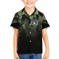 Camouflage Bowling Family Matching Off The Shoulder Long Sleeve Dress and Hawaiian Shirt with Grunge American Flag and Pin Emblem in Military Green - Wonder Print Shop