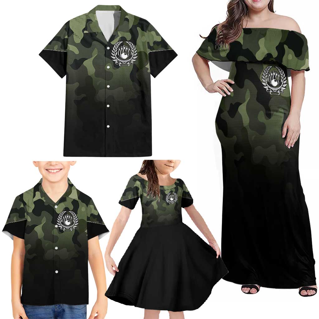 Camouflage Bowling Family Matching Off Shoulder Maxi Dress and Hawaiian Shirt with Grunge American Flag and Pin Emblem in Military Green - Wonder Print Shop