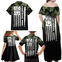 Camouflage Bowling Family Matching Off Shoulder Maxi Dress and Hawaiian Shirt with Grunge American Flag and Pin Emblem in Military Green - Wonder Print Shop