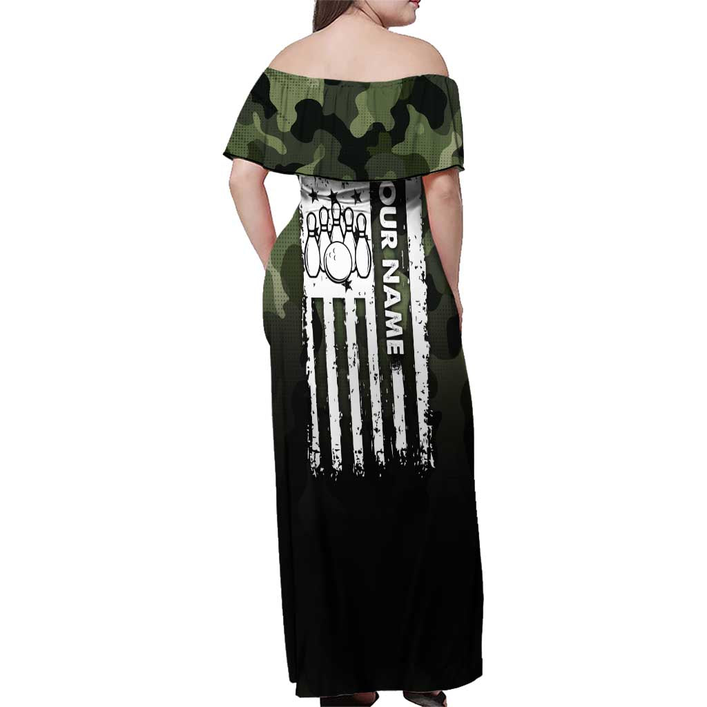 Camouflage Bowling Family Matching Off Shoulder Maxi Dress and Hawaiian Shirt with Grunge American Flag and Pin Emblem in Military Green - Wonder Print Shop